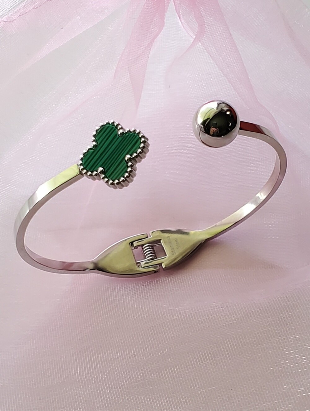 Unique Clover & Ball Stainless Steel Open Cuff Bracelet